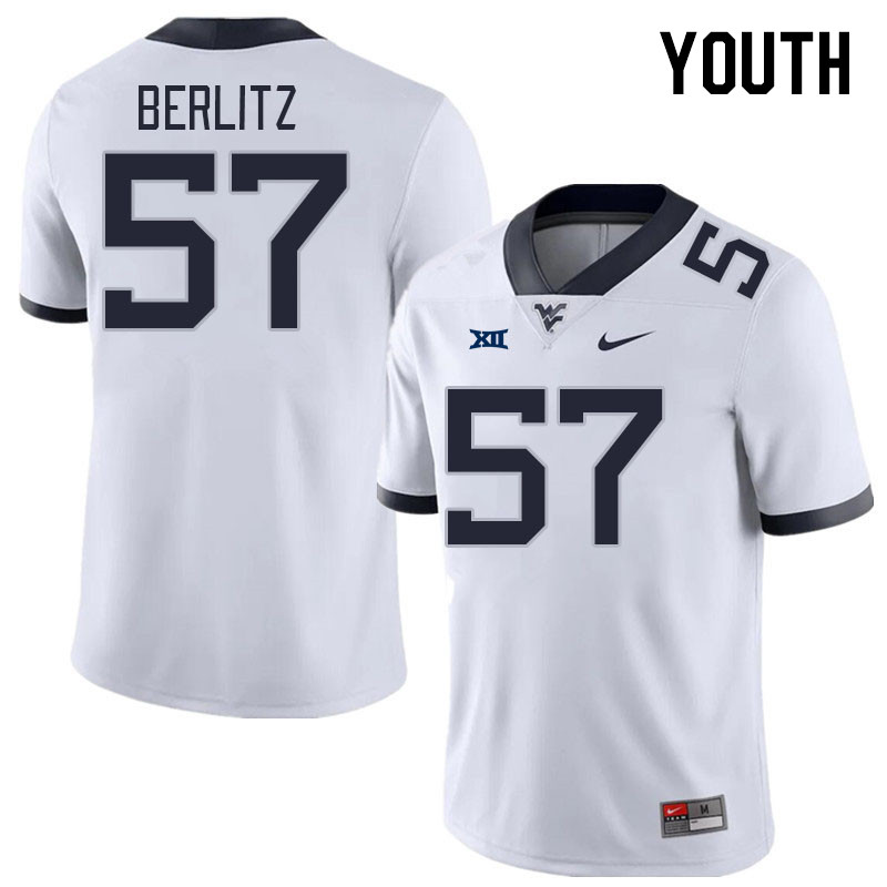 Youth #57 Derek Berlitz West Virginia Mountaineers College Football Jerseys Stitched Sale-White - Click Image to Close